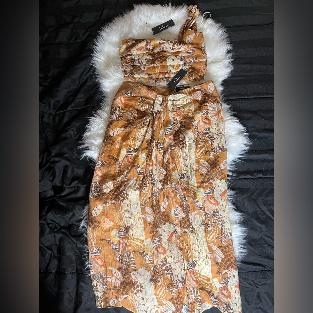 NWT Lulu’s Something Wild Brown Multi Print Twist-Front Midi Skirt Crop Top Set - Picture 2 of 16
